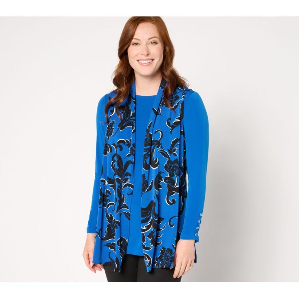 Susan Graver Women's Top Petite 5XP Printed Textured Liquid Knit Blue A667485